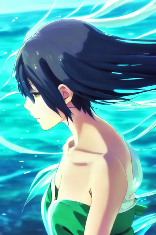 Image similar to makoto shinkai, artgerm, ilya kuvshinov, beautiful anime women with green dress, long blue hair, water powers water swirling, symmetrical face, symmetrical eyes, detailed, beach setting, cinematic lighting