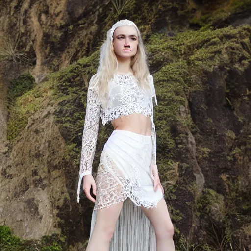 Image similar to antediluvian crystal atlantean hyperborean fashion lace skirt with natural floral motifs, young white - blonde model, sharp focus, outdoors, godrays, dramatic lighting