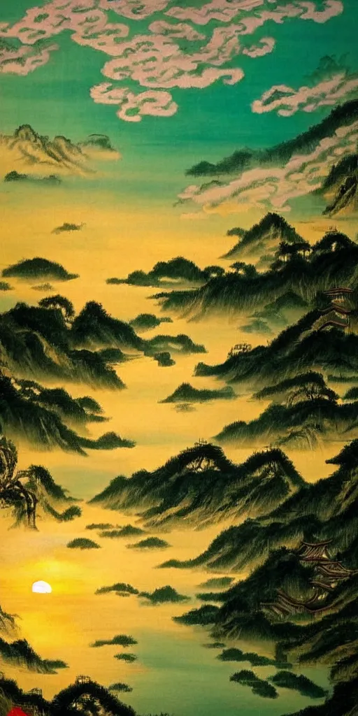 Image similar to chinese shanshui paiting, flowing clouds to the west, brushing across a pool of fresh green, the setting sun is like wearing a brocade cage and white clothes