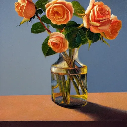 Prompt: The rose is placed in a vase on a windowsill. The light from the window casts a warm, golden glow on the petals of the rose, making them appear illuminated. The colors in the painting are soft and muted, giving the overall impression of a tranquil scene. Trending on artstation, in the style of famous painter. “