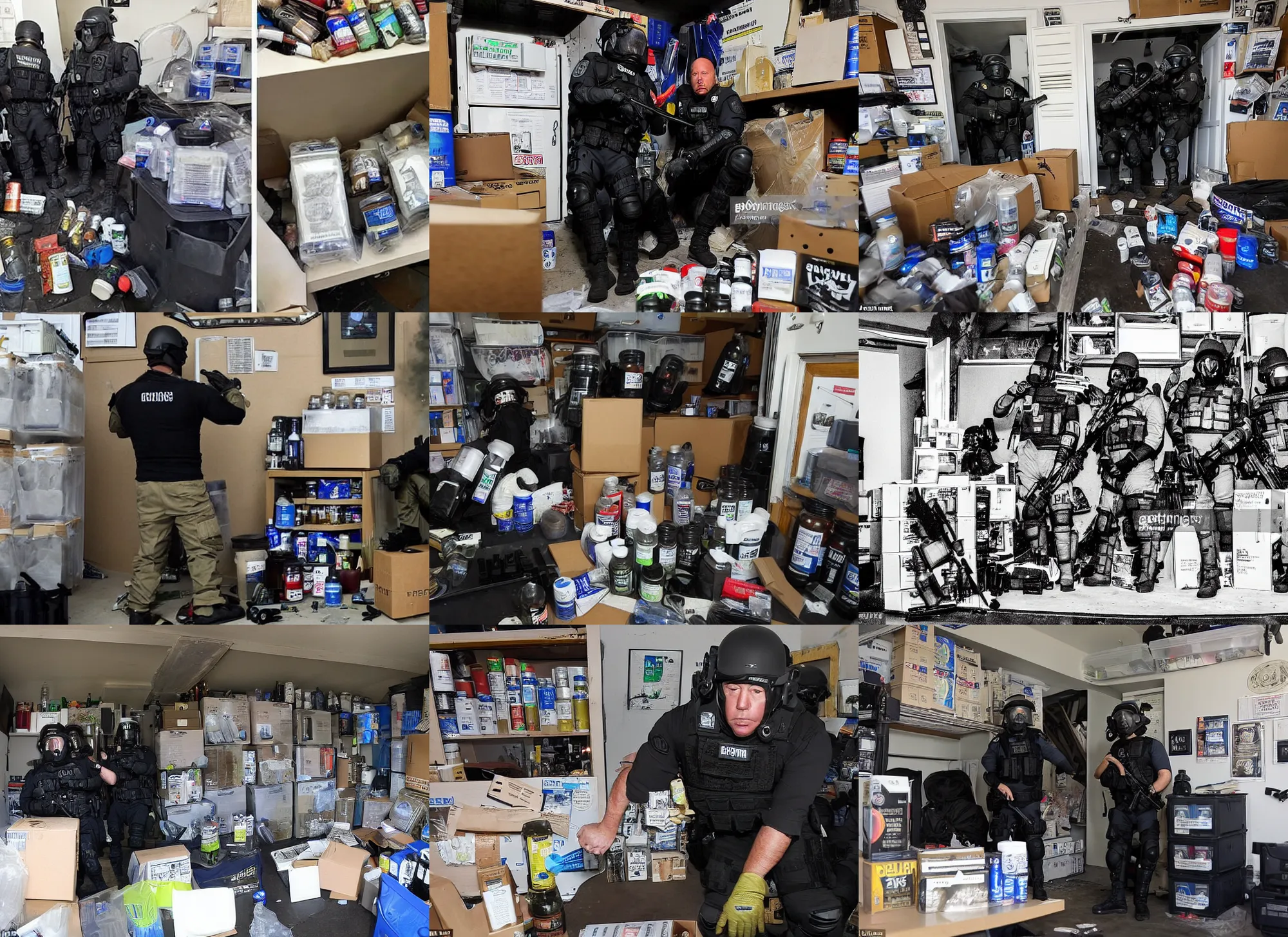 Prompt: Alex Jones inventing new conspiracy theories in his garage office, surrounded by boxes of herbal supplements and trash, a group of SWAT riot team police is kicking in the door, tear gas, smoke, detailed photograph high quality