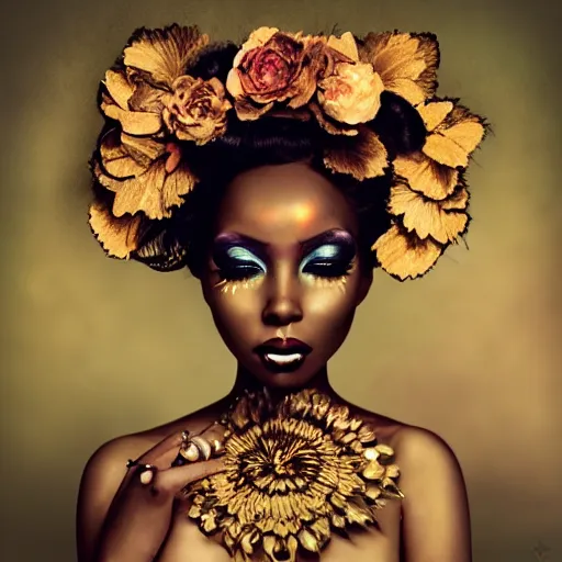 Image similar to portrait of a black woman inspired by Natalie Shau, Anna dittmann,gold paint,flower crown, pretty eye makeup, cinematic