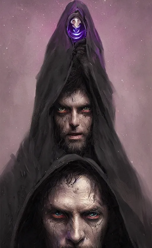 Prompt: Portrait of a man in a black cloak with glowing purple eyes, detailed face, fantasy, highly detailed, cinematic lighting, digital art painting by greg rutkowski