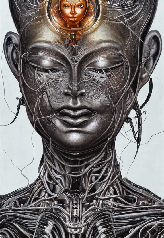 Image similar to perfectly centered portrait, front view of a beautiful biomechanical cyberpunk alien android robot buddha, female, flowing hair, intense stare, sarcastic smile, symmetrical, concept art, intricate detail, volumetric shadows and lighting, realistic oil painting by alex grey and h. r giger,