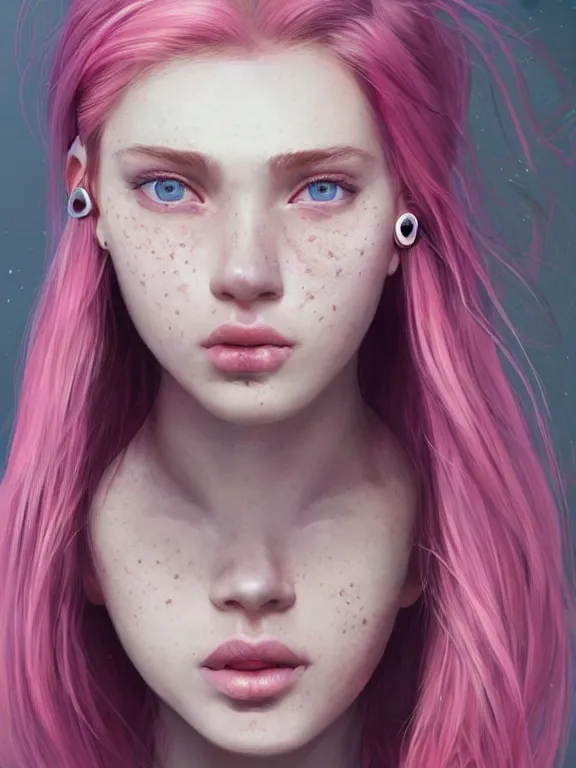 Image similar to beautiful russian girl with cute freckles and short faintly colored in pink hair and septum piercing, thin round earrings, winds of winter, au naturel, hyper detailed, digital art, trending in artstation, cinematic lighting, studio quality, smooth render, octane rendered, concept art, sharp focus, illustration, art by artgerm and greg rutkowski and wlop