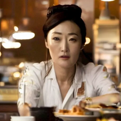 Prompt: film still of chinese actress gong li as a waitress in a cafe in iron man