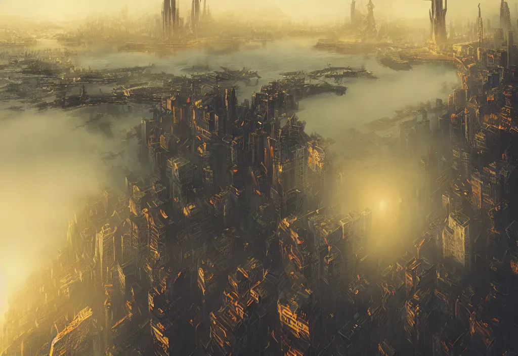 Image similar to flying dragon city by alena aenami, zeppelin dock, city flying in the air, mist below buildings, steampunk, looking from below, thick fog, digital art, 4 k, trending on artstation, epic composition, highly detailed, golden hour