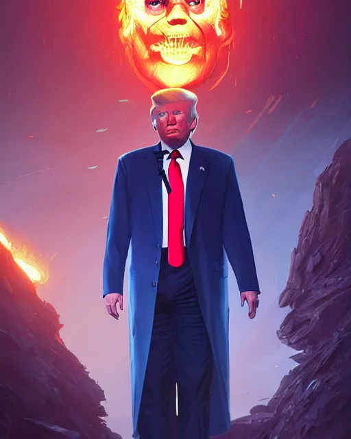 Image similar to highly detailed vfx portrait of donald trump as terminator, stephen bliss, unreal engine, greg rutkowski, loish, rhads, beeple, makoto shinkai and lois van baarle, ilya kuvshinov, rossdraws, tom bagshaw, alphonse mucha, global illumination, detailed and intricate environment