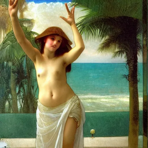 Image similar to Girl throwing gand signs at the palace, thunderstorm, pool, beach and palm trees on the background major arcana sky, by paul delaroche, alphonse mucha and arnold böcklin arnold böcklin hyperrealistic 8k, very detailed