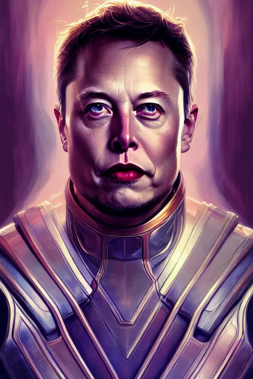 Image similar to elon musk as thor, realistic portrait, symmetrical, highly detailed, digital painting, artstation, concept art, smooth, sharp focus, illustration, cinematic lighting, art by artgerm and greg rutkowski and alphonse mucha