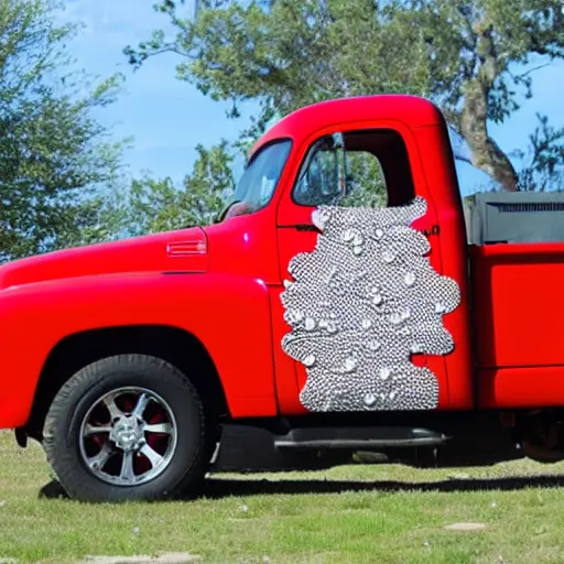 Image similar to a red truck with pokey dots all over it, chrome red