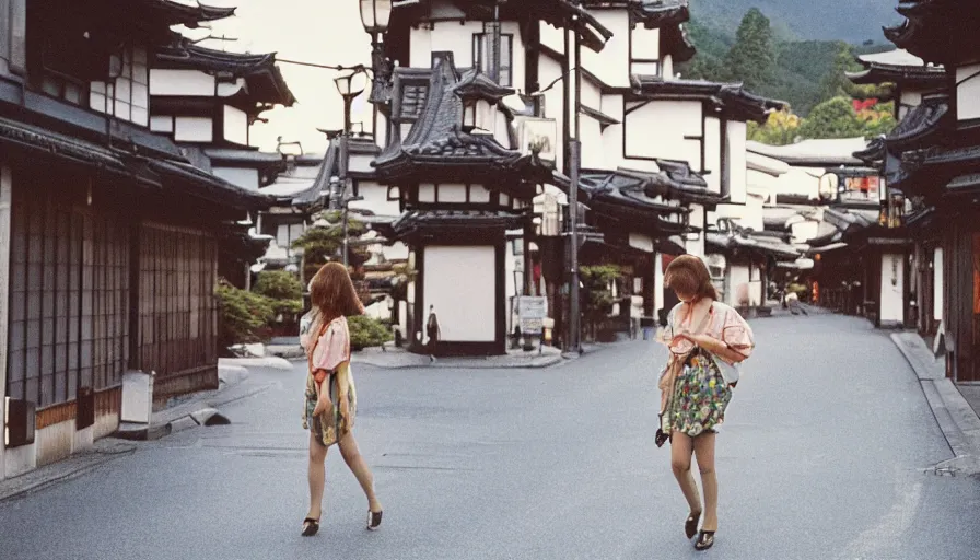 Prompt: 1 9 9 0 s candid 3 5 mm photo of a beautiful day in the a dreamy street in takayama japan mixed with details from tokyo and paris, cinematic lighting, cinematic look, golden hour, the clouds are epic and colorful with cinematic rays of light, a girl walks down the center of the street in a gucci dress, photographed by petra collins, uhd