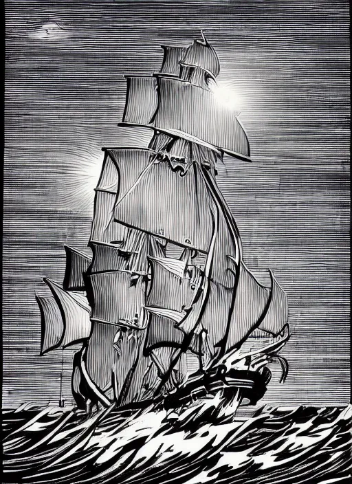 Image similar to galleon on the high seas big waves moonlight, art by james o barr and albrecht durer, woodblock print, engraved, black and white, vector, vector art