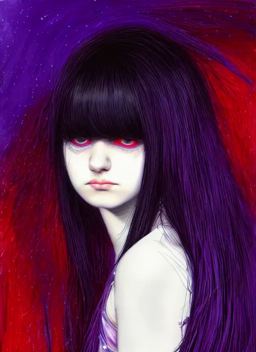 Image similar to hair whitebangs hair, black hair, portrait of teenage girl with white bangs, whitebangsblackhair, messy bangs, curly bangs, whitebangs, red irises, purple clothes, intricate, elegant, glowing lights, highly detailed, digital painting, artstation, concept art, sharp focus, illustration, art by wlop, mars ravelo and greg rutkowski