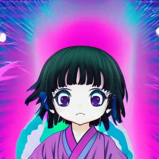 Image similar to vaporwave character face portrait of a singular kawaii chibi in the sytle of vaporwave, in simple background, nendoroid eyes, anime waifu, ukiyoe