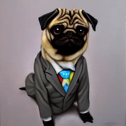 Image similar to oil painting, a developer pug in a suit, intricate, masterpiece, artstation, stunning