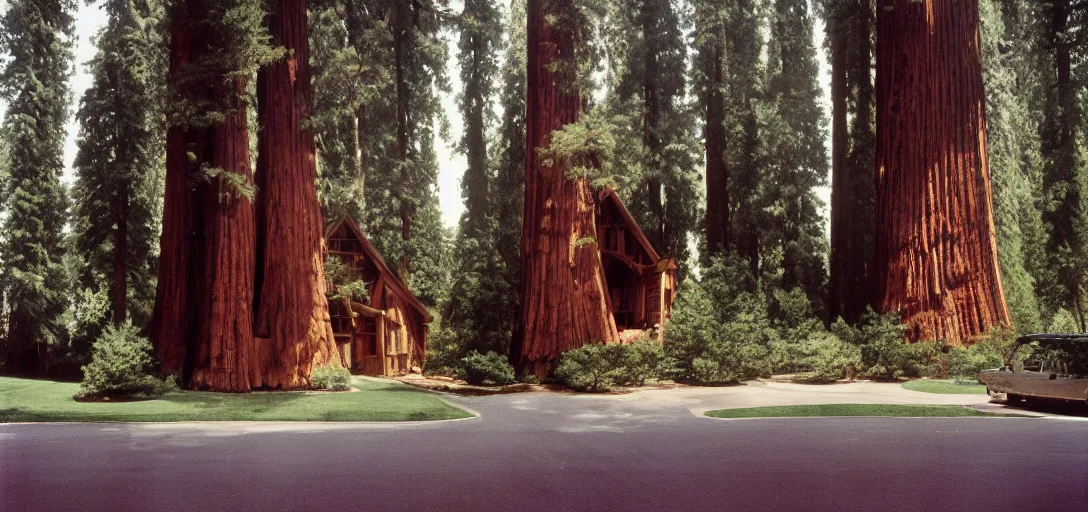 Image similar to house built into and inside a single giant sequoia. color photograph by jerry uelsmann. fujinon premista 1 9 - 4 5 mm t 2. 9. portra 8 0 0.