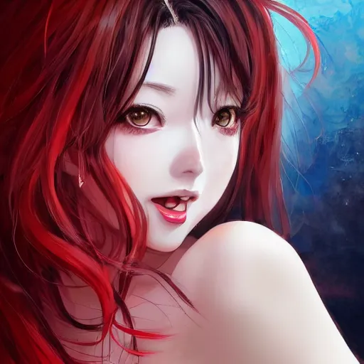 Prompt: Semi realistic anime illustration of black haired long hair woman, with beautiful hyperdetailed red eyes, wearing dress, front shot, full face portrait made by Stanley Artgerm, WLOP, Rossdraws, James Jean Andrei Riabovitchev, Marc Simonetti, Yoshitaka Amano, Artstation