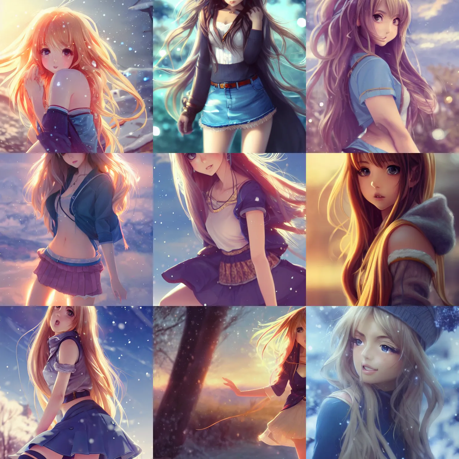 Prompt: Ana de Armas as a very beautiful anime girl, full body, long golden hair, sky blue eyes, full round face, short smile, mini jeans skirt, cute top, winter setting, cinematic lighting, medium shot, mid-shot, highly detailed, trending on Artstation, Unreal Engine 4k, cinematic wallpaper by Stanley Artgerm Lau, WLOP, Rossdraws, James Jean, Andrei Riabovitchev, Marc Simonetti, and Sakimichan