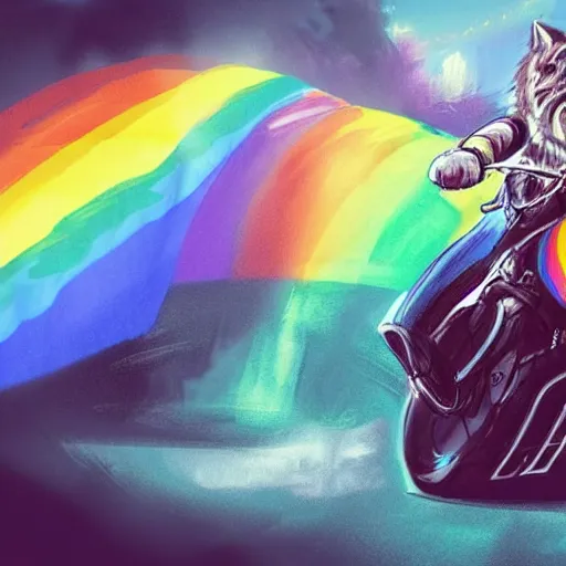 Image similar to wide angle full body, jacket wearing fluffy cute rainbow kitten wearing a black leather motorcycle jacket, riding on a motorcycle, cinematic concept art