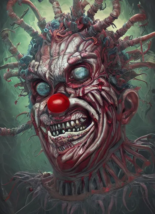 Image similar to evil horror clown, monster anatomy, ross tran, vivid colors, anatomical, highly detailed sculpture, intricate detailed, ommatidia, 8 k, cinematic atmosphere, post - processing