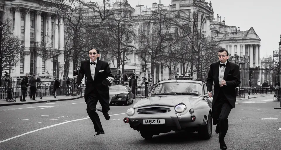 Image similar to mr bean as james bond running down the street in london, 4 0 mm f / 2. 8, cinematic, cool, anamorphic, dramatic