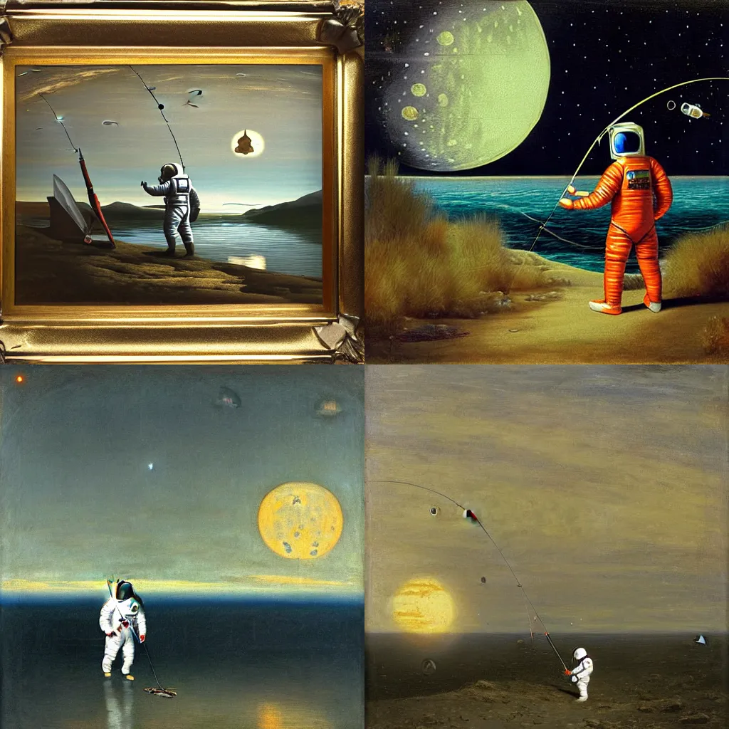 Image similar to astronaut in a spacesuit fishing and catching fish with a fishing rod from the crescent of the moon, realism, landscape