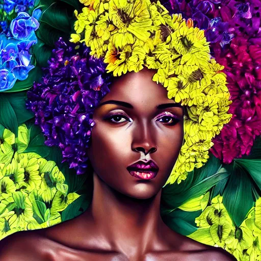 Prompt: super realistic painting of a black woman combined with flowers, colorful, highly detailed, 4k, trending on artstation