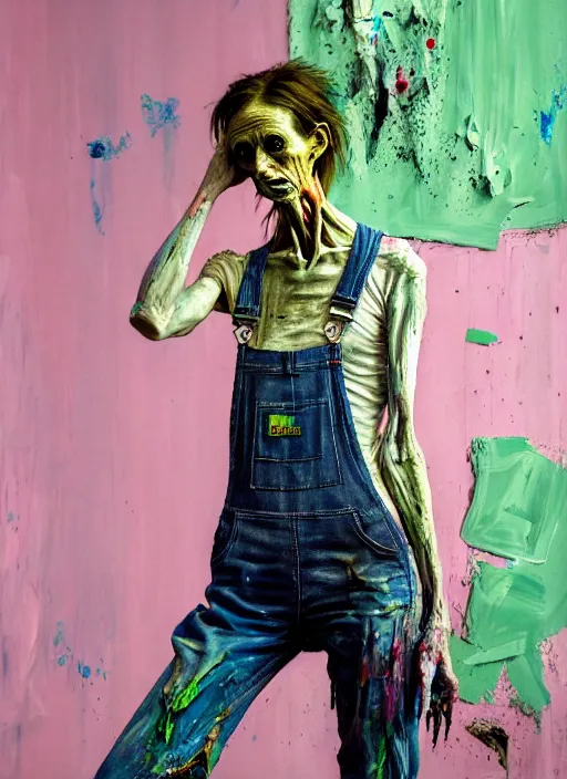 Prompt: an insane, skinny, artist wearing dirty, torn overalls, expressive painting the walls inside a grand messy studio, depth of field, hauntingly surreal, highly detailed by francis bacon, edward hopper, and glenn brown, soft light 4 k in pink, green and blue colour palette, cinematic composition, high quality octane render,