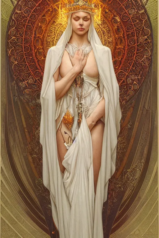 Prompt: a full body portrait of a beautiful ethereal delicate suzerain mage queen meditative sacral pose catholic stages of the cross, intricate, elegant, highly detailed, digital painting, artstation, concept art, smooth, sharp focus, illustration, art by krenz cushart and artem demura and alphonse mucha