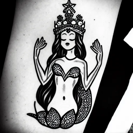 Prompt: a peaceful meditative mermaid wearing a crown, banner across chest, full body, symmetrical, highly detailed black and white new school pinup tattoo design
