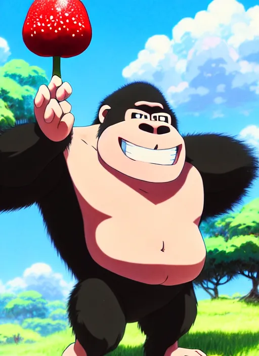 Image similar to wholesome cartoon anime gorilla holding a very small red mushroom, big smile on face, sunny sky background, lush landscape, illustration concept art anime key visual trending pixiv fanbox by wlop and greg rutkowski and makoto shinkai and studio ghibli and kyoto animation, symmetrical facial features,