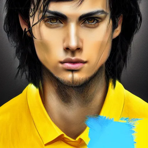 Image similar to ultra realistic illustration, man with black hair, in a checkered yellow and black shirt, with blue eyes, highly detailed, digital painting, artstation, concept art, smooth, sharp focus, illustration