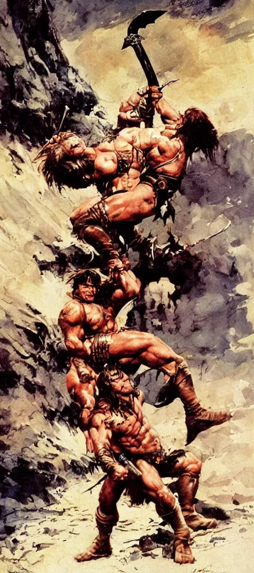 Conan the barbarian rescuing damsel in distress by | Stable Diffusion