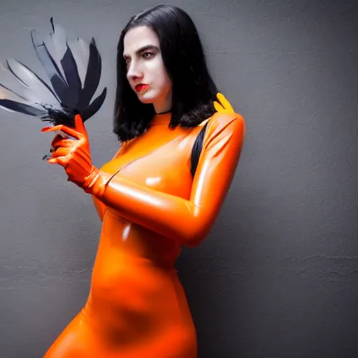 Prompt: CYBERPUNK big bust beautiful Claud Monet proportions girl in orange latex dress and orange latex gloves holding wonderful artifact raven feather in her hand