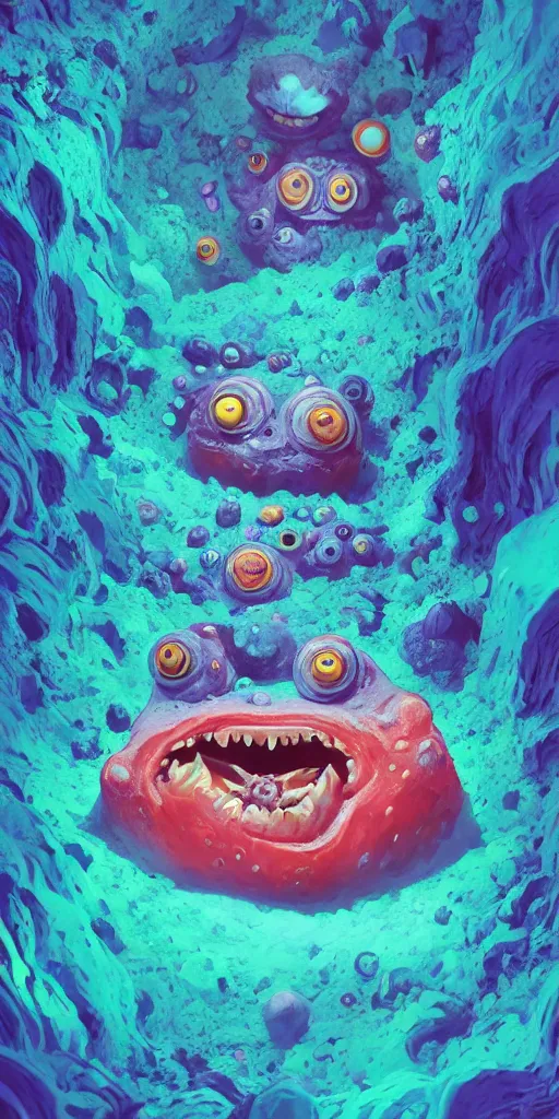 Image similar to of a colorful deep sea cave with strange cute friendly happy creatures with huge eyes, mouth, long tongue and round teeth appearing from sandy coral, in the style of gehry and gaudi, macro lens, shallow depth of field, ultra detailed, digital painting, trending artstation, concept art, illustration, cinematic lighting, photorealism, epic, octane render