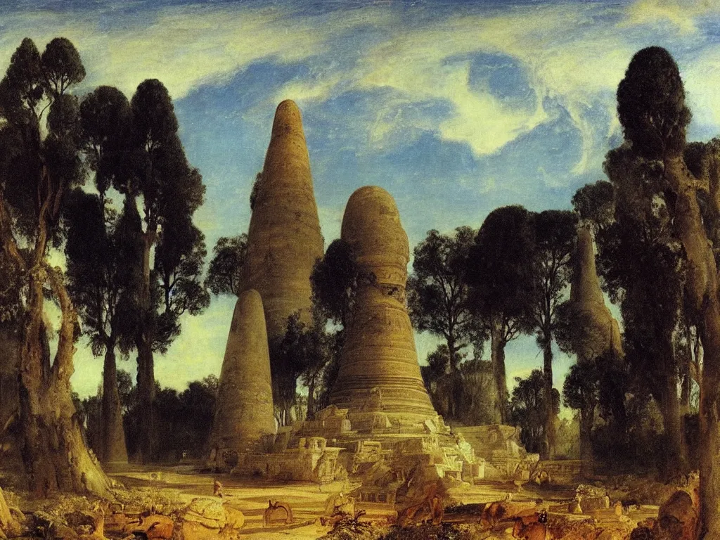 Image similar to Buddhist ruins, stupa surrounded by the panthers at night. Starry sky, cypresses in the wind. Birds. Painting by Arnold Bocklin, Turner.