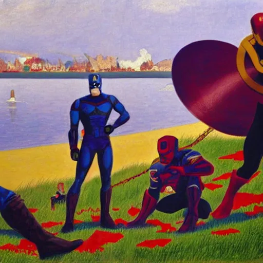 Image similar to ironman, thanos, captain america a sunday afternoon on the island of la grande jatte, painting