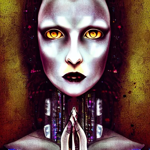 Image similar to a cyberpunk witch painted by leonardo da vinci, tim burton, digital art