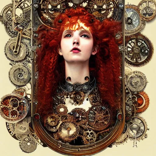 Image similar to A steampunk beautiful goddess, she is redhead, she is embellished with gears wheels and gemstones, by William Holman Hunt, Greg Rutkowski, Stanely Artgerm, Tooth Wu, Peter Gric, Aaron Horkey, trending on Artstation, digital art, mythological, symmetrical artwork, cinematic lighting, hyper realism, high detail, octane render, ultra realistic, golden ratio, 4k, 8k