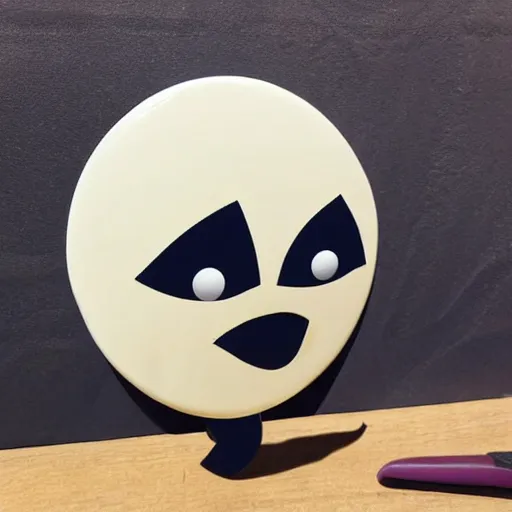 Image similar to vinyl designer toy, cartoon character, head shaped as crescent 🌙 moon, creepy smiling evil face with wrinkles, holds a knife in hand