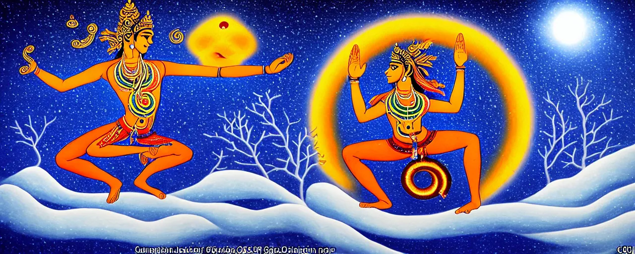 Image similar to nataraja dancing in a winter birch grove and raising snow clouds during a solar eclipse, visionary art style