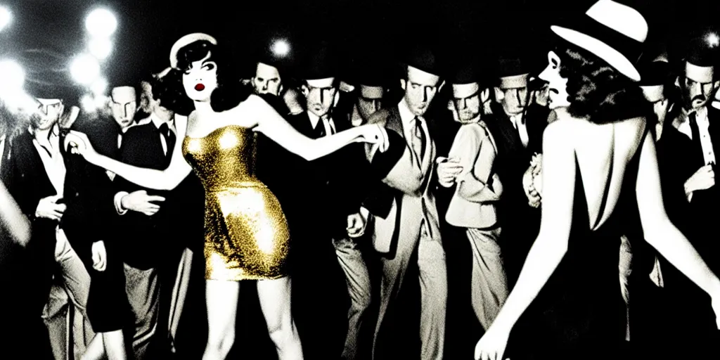 Image similar to film noir disco, crowds of people, she arrived in a golden dress