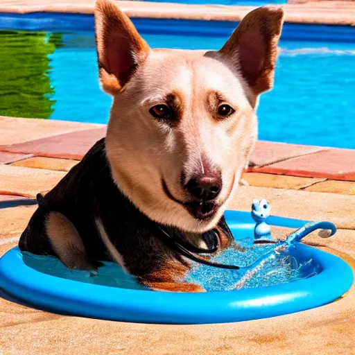 Prompt: a dog in a pool with a toy boat on his head, realistic, highly detailed, photo, 4k