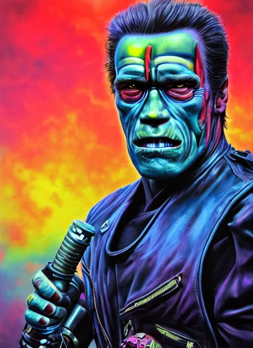 Prompt: arnold schwarzenegger as an apocalyptic scifi orcish biker character, psychedelic vibrant colors, futuristic punk rock fashion, oil painting by michael whelan art, perfect face, sharp focus, detailed eyes, realistic, 8 k