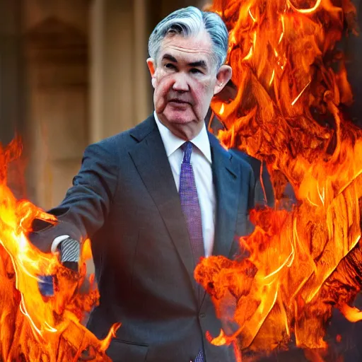 Image similar to detailed photo of Jerome Powell using a flamethrower