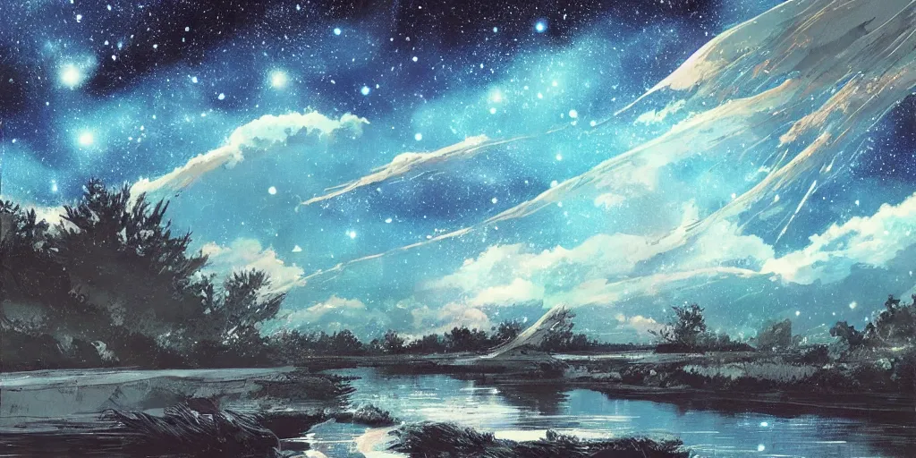 Prompt: stunning river landscape with sky full of galaxies by posuka demizu