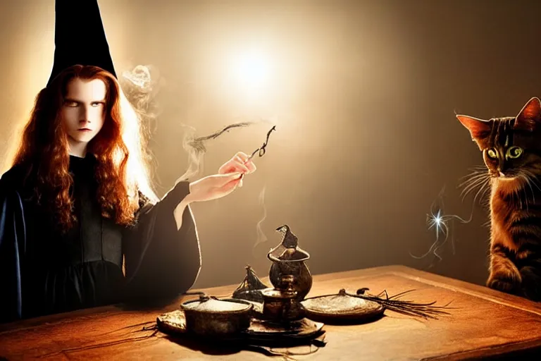 Prompt: close up portrait, dramatic lighting, teen alice witch calmly points a magic wand casting a spell over a large open book on a table with,, cat on the table in front of her, sage smoke, a witch hat cloak, apothecary shelves in the background, still from alice in wonderland