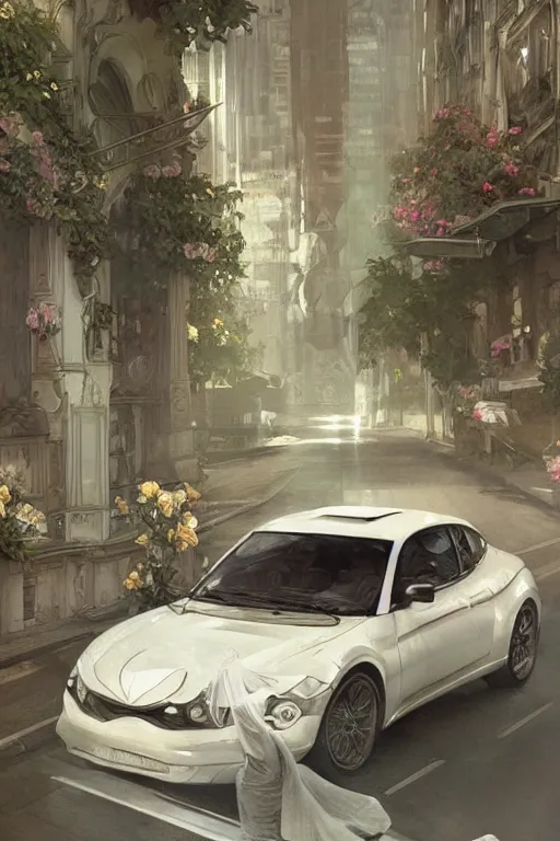 Prompt: ultra realistic illustration, old white vintage car in the city with flowers blooming out the window, elegant, highly detailed, digital painting, concept art, smooth, sharp focus, illustration, art by greg rutkowski and alphonse mucha