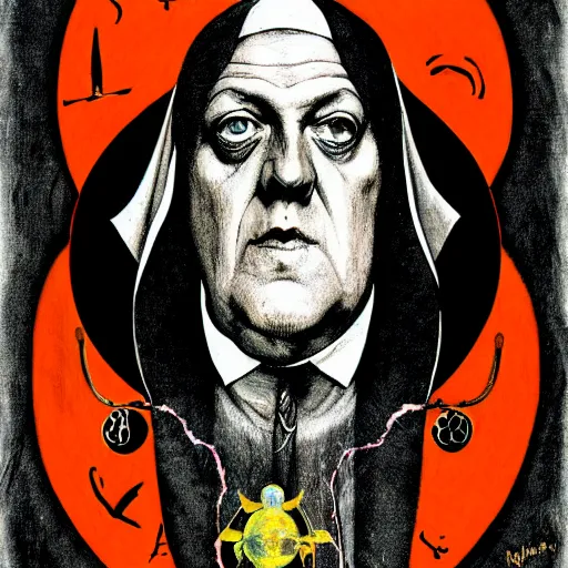 Image similar to graphic illustration, creative design, aleister crowley as a nun, biopunk, francis bacon, highly detailed, hunter s thompson, mixed media